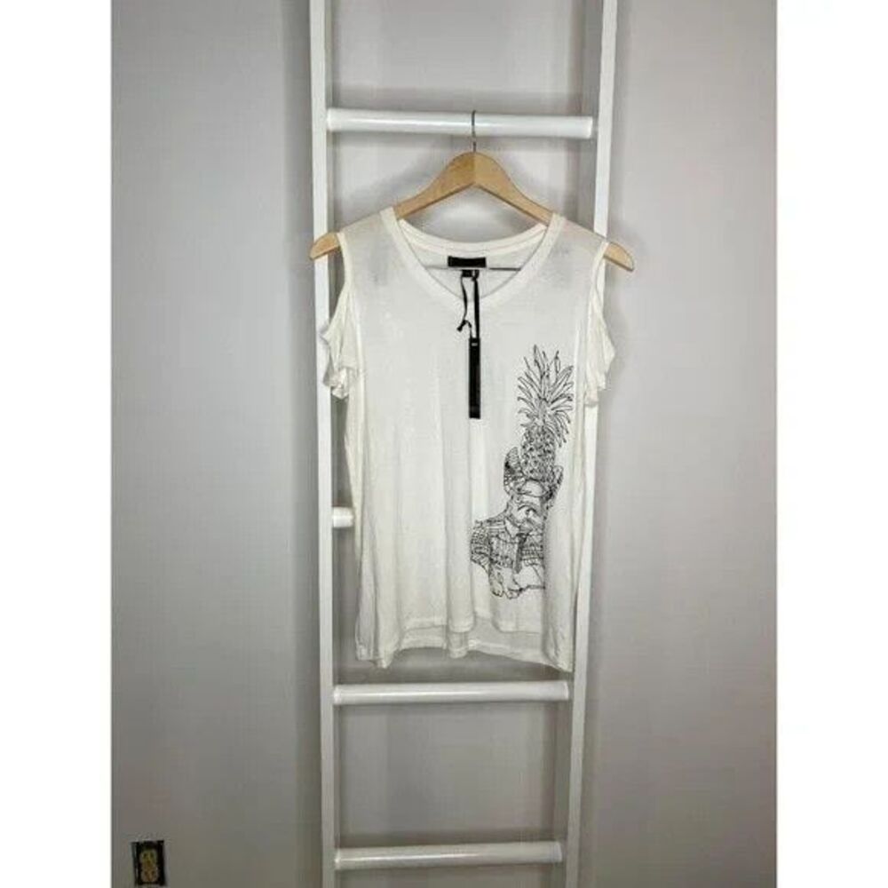 NWT Cold Shoulder Top Womens S White Pug Dog Pineapple Tropical i Jeans Buffalo